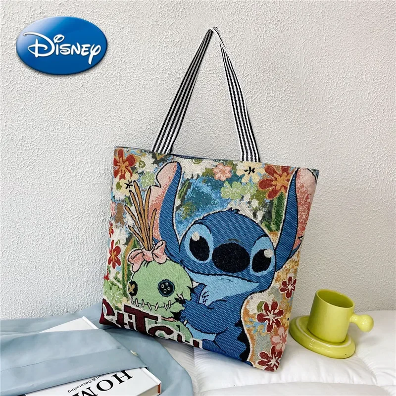 

Disney Stitch Mickey Mouse Retro Shoulder Bags Cartoon Pooh Bear Canvas High-capacity Handbag Outdoor Shopping Storage Bag Women