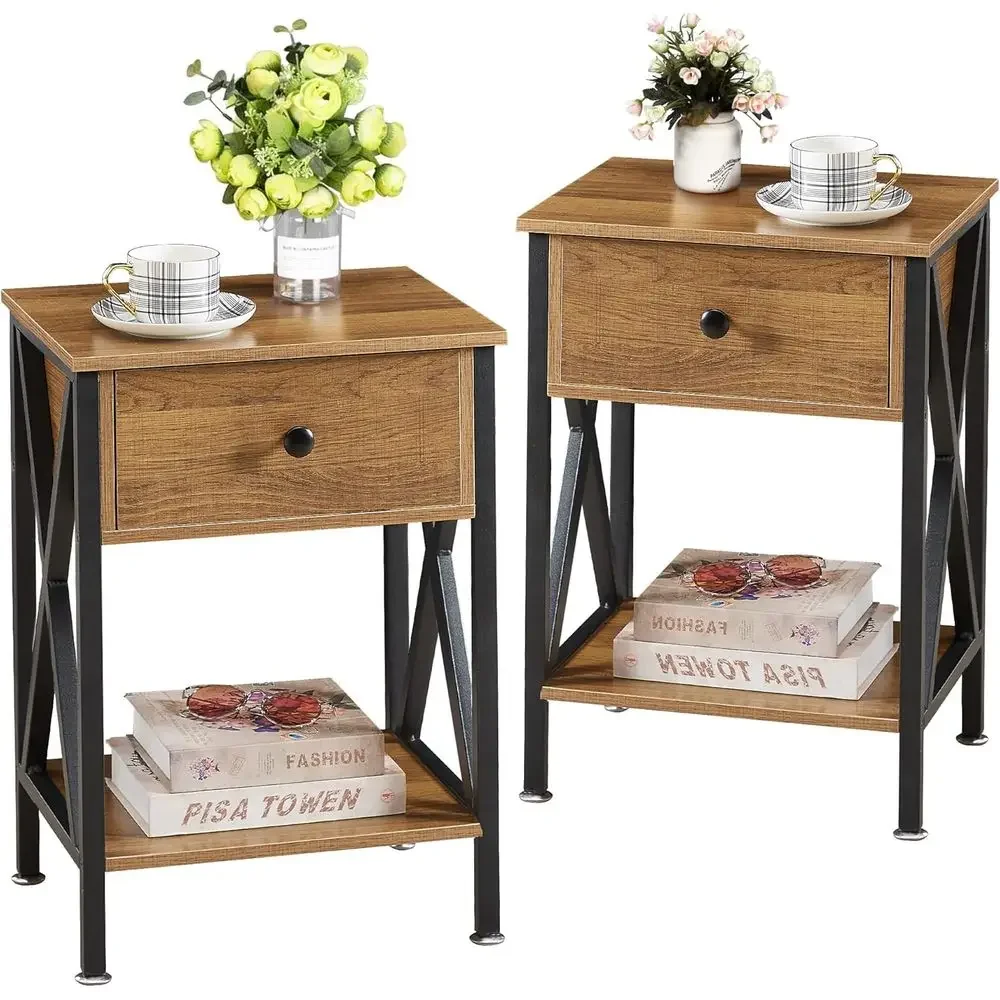 

2-Piece Nightstand Set with Drawers and Storage Shelves for Bedroom and Living Room