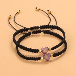 Natural 8mm Heart Shape Amethysts Braided Bracelet 26 Letter A-Z Initial Bracelets Black Braided Rope Bracelet for Women Men