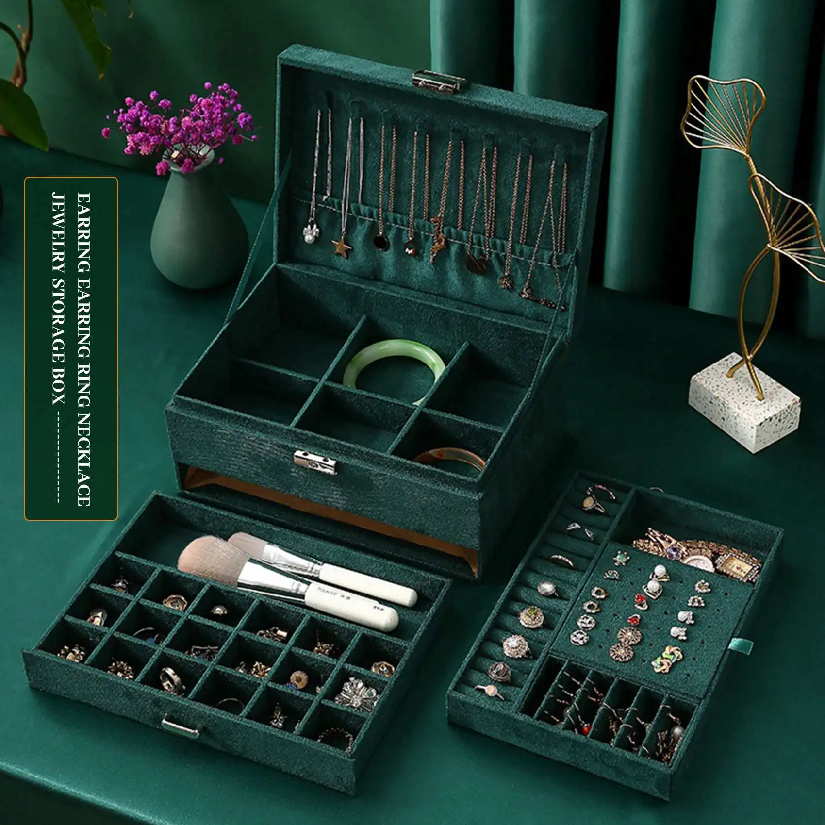 

ELEG-Three Layer New Vintage Flannel Jewelry Box Earrings Earrings Rings Necklace Jewelry Storage Box Dark Green
