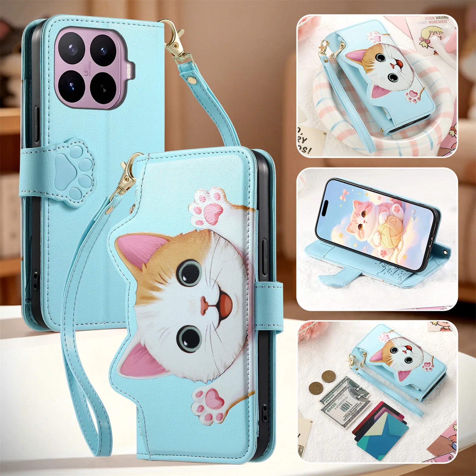 Multi 5 Cards Crossbody Wallet Case For Vivo Y21 5G Y20 Y19S Y18 Y17 Y16 Y15 Y12 Y11 Y05 Y04 Y03 Y02 Cute Cartoon Cat Cover