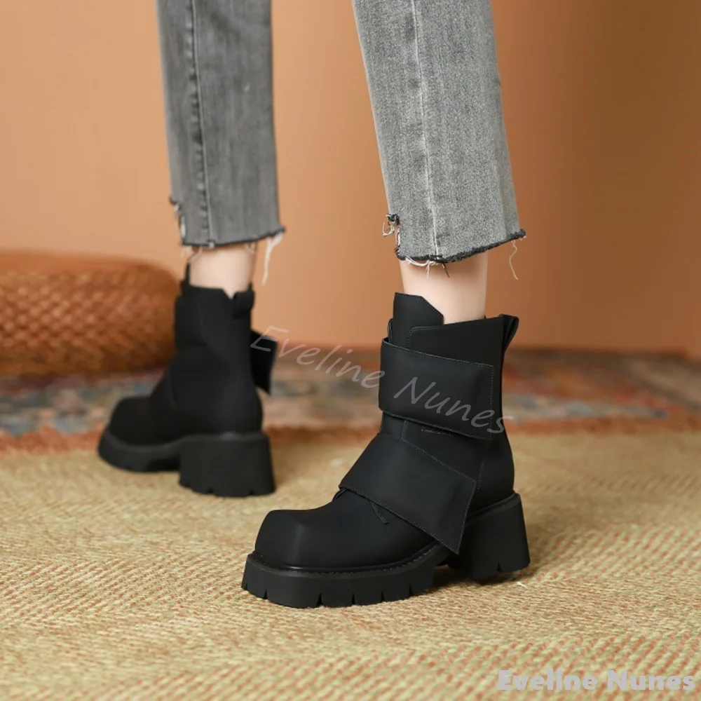 

Hook & Loop Platform Ankle Boots Women Square Toe Leather Simple Stylish Black Boots 2024 Winter New Short Boot Large Size 35-43