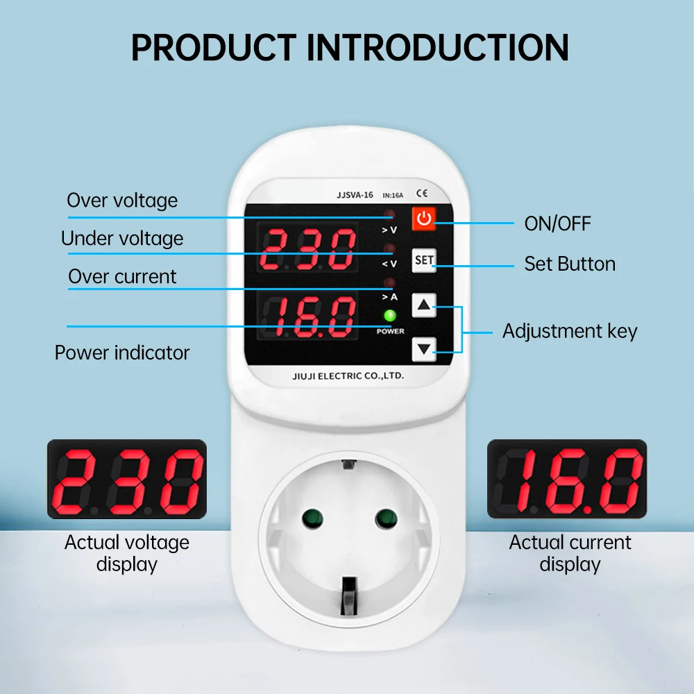 3520W Voltage And Current Protection Socket AC 220V EU Plug Adjustable 16A Voltage Current Meter Overvoltage And Undervoltage