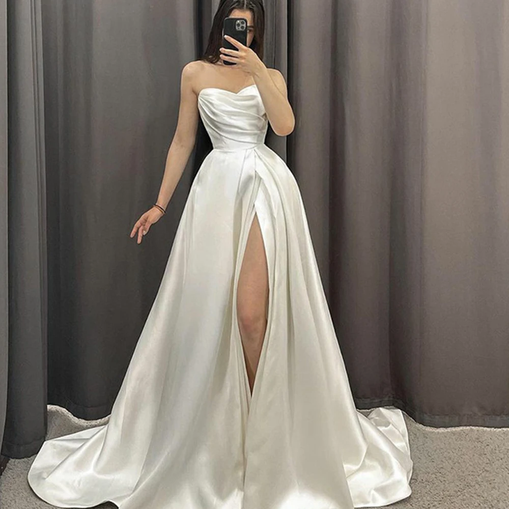 

Vinca Sunny A Line Wedding Dresses Strapless Side Split Bridal Gowns Pleats Sweetheart Custom Made To Measures Elegant Long Tail