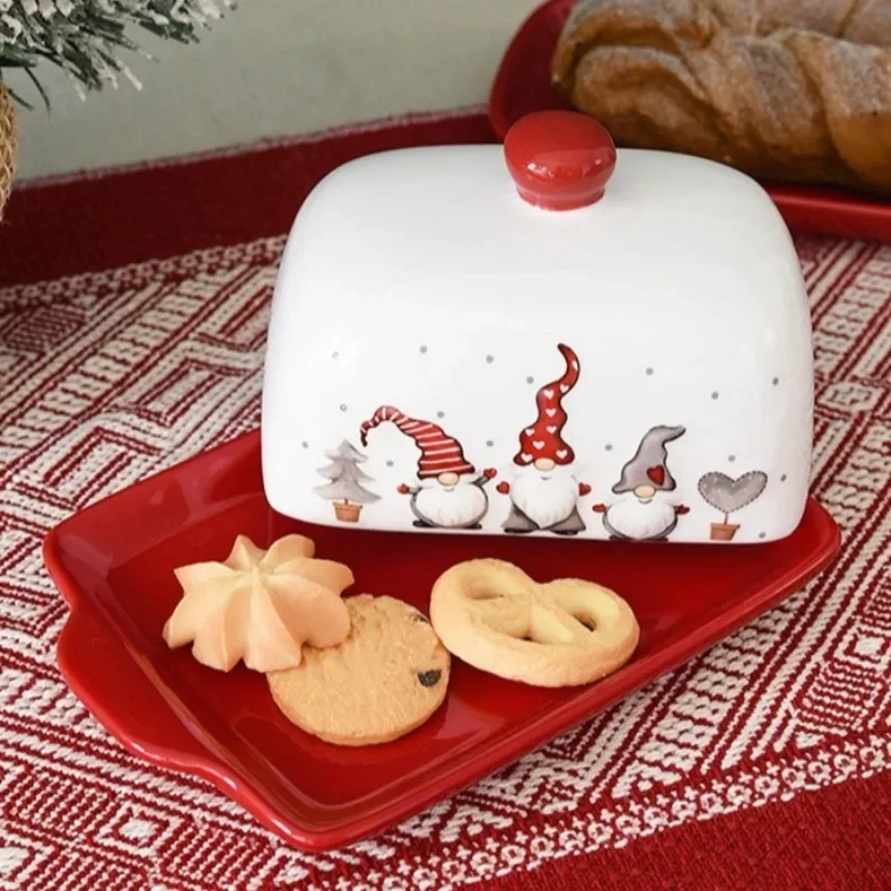 Nordic Santa Claus Ceramic Butter Snack Dish Creative Relief Christmas Ornaments Western-style Plate with Lid Home Kitchenware