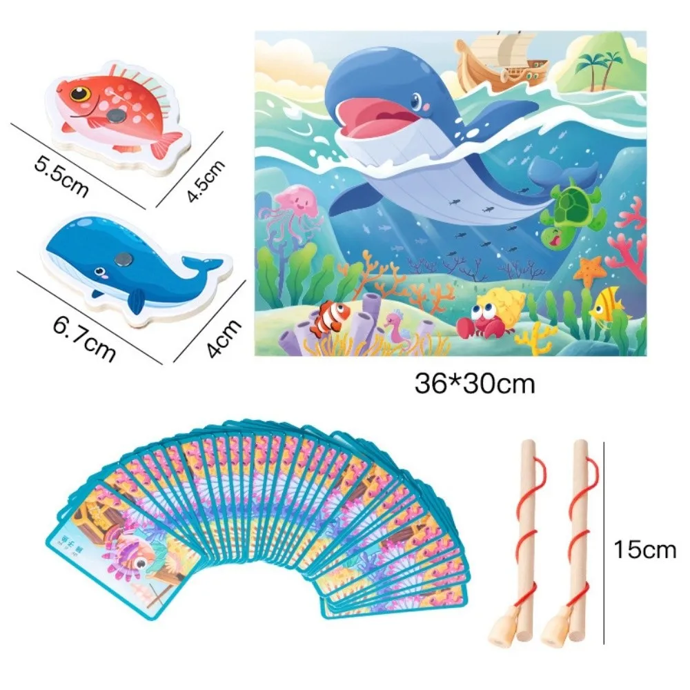 New Montessori Wooden Fishing Toys Colorful Intelligence Magnetic Fishing Game Marine Life Cognition Toy Home Learning