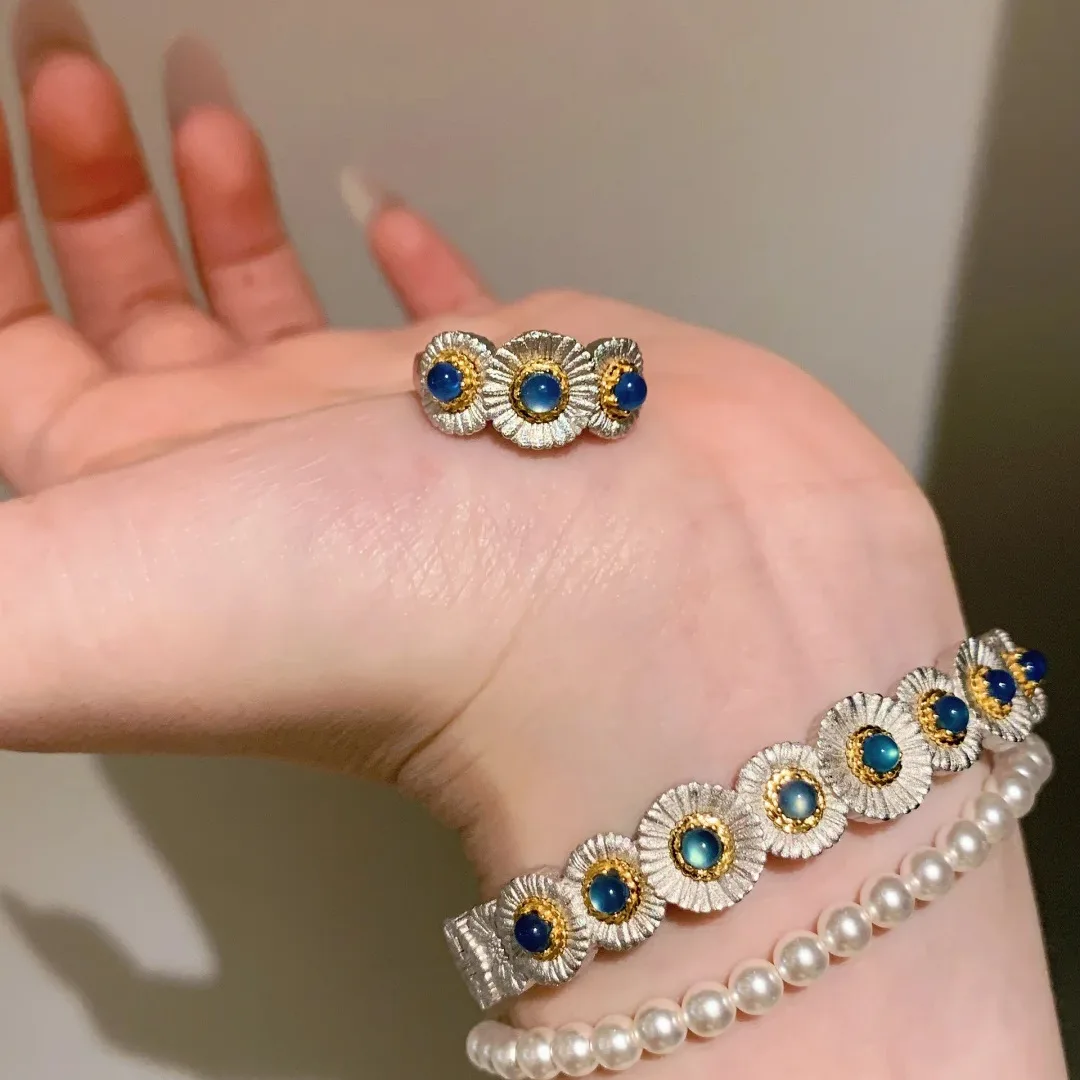 S925 Sterling Silver Blue Chalcedony Daisy Opening Ring Bracelet Personality Fashion
