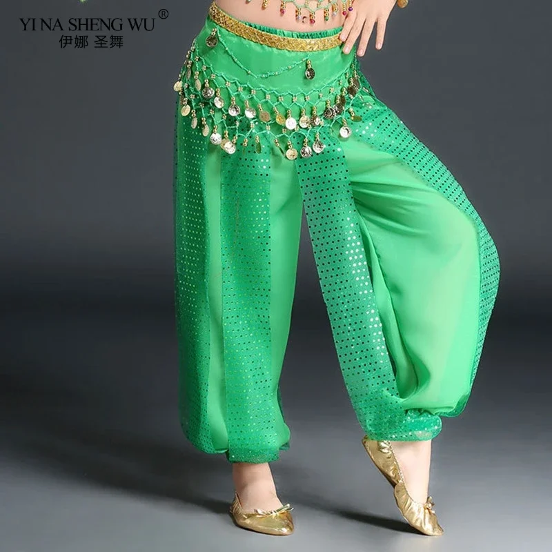 Grils Belly Dance Costume Pants India Dance Stage Performance Harem Pants For Kid's Dance Practice Show Sequined Wide Leg Pants