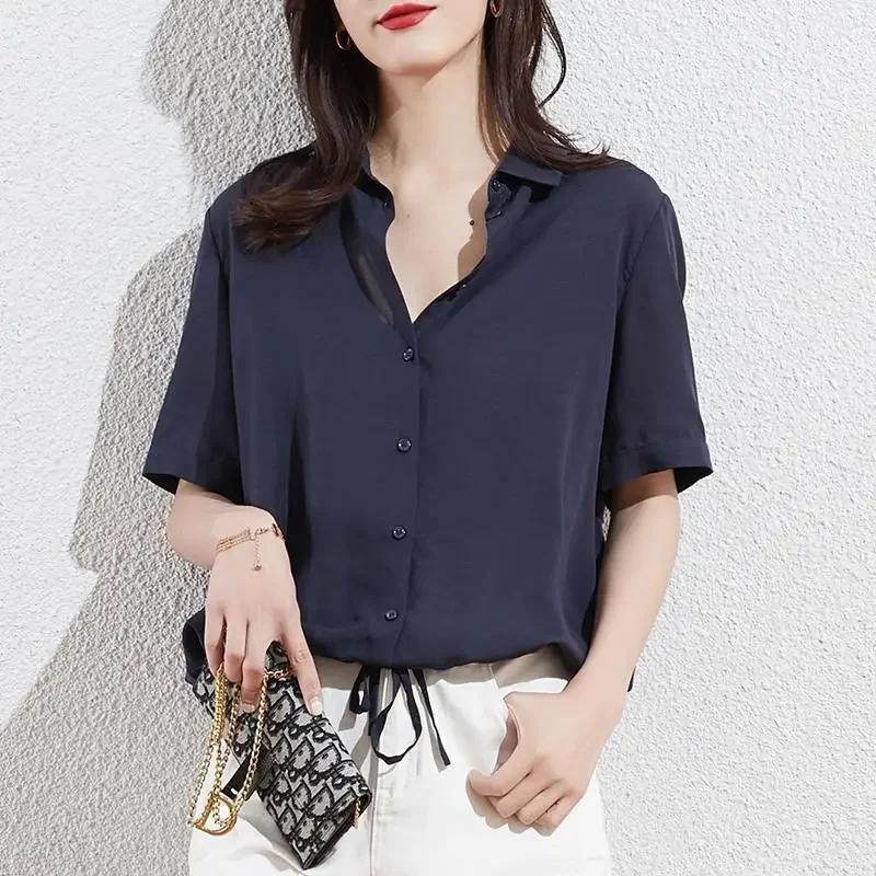 Women Summer Simplicity Commuting Drawstring Solid Color Large Size Shirts Women Clothes Casual All-match Appear Thin Top Tee