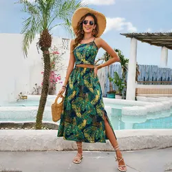 Boho Summer Backless Tie-up Beach Dress Holiday Women Sleeveless Green Floral Print Hollow Out Casual Bohemian Skirt 2-częściowy zestaw