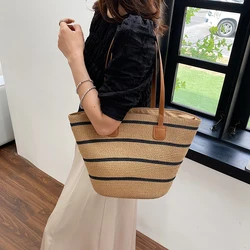 Women Fashion Striped Summer Beach Straw Knitting Shoulder Bag Hollow Out Handwoven Handbags Portable Large Capacity Casual Tote