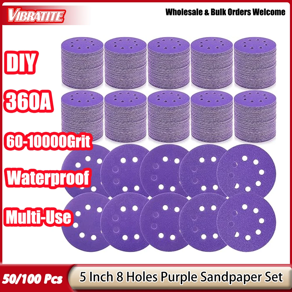 50/100 Pcs 5 Inch 8Holes Hook & Loop Sanding Discs 60-10000 Grit Aluminum Oxide Sandpaper for Wood Metal Grinding Automotive Pol