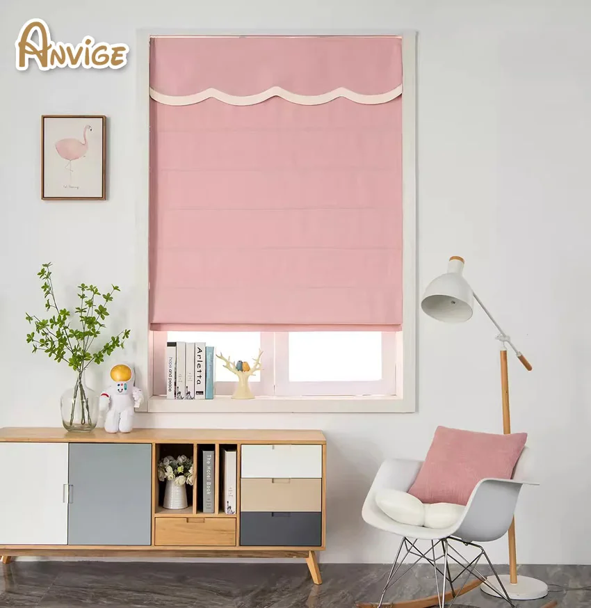 Modern Motorized Pink Color Flat Roman Shades Customized Roman Blinds With Installation Included