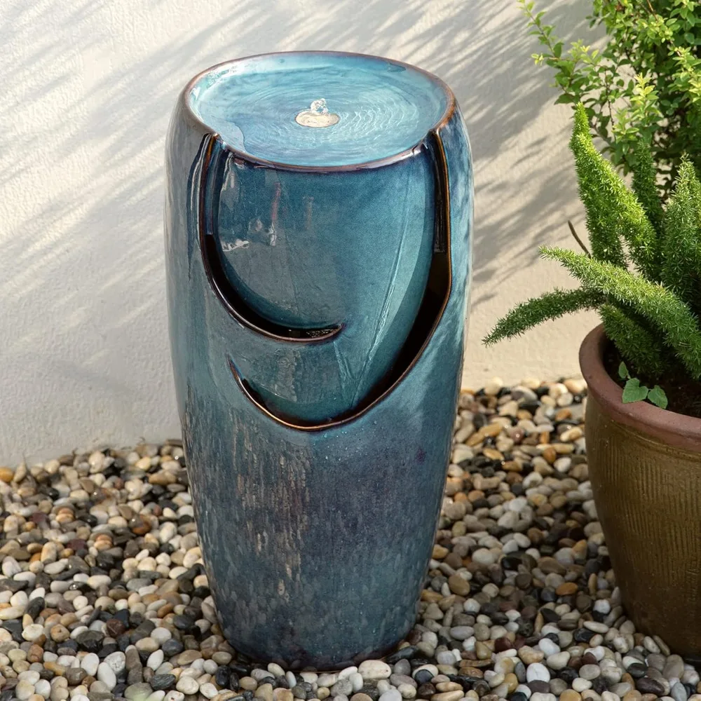 

29.25 H Oversized Ceramic Vase Outdoor Water Fountain Tall Patio Garden Water Fountain with LED Light and Submersible