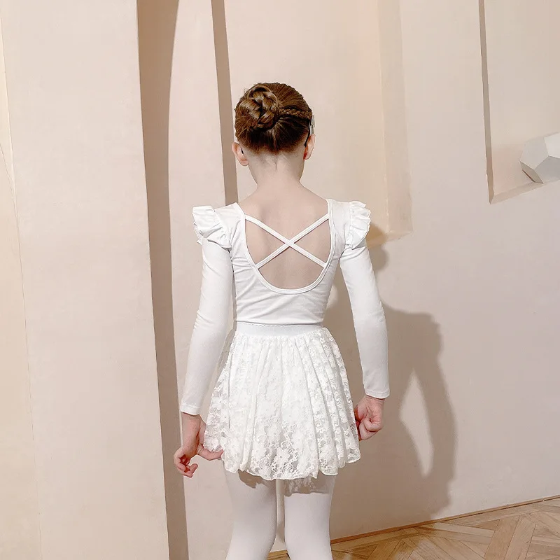 Terno de dança infantil de manga comprida, traje de prática para meninas, branco, outono e inverno, saia de renda, vestido de prática chinesa