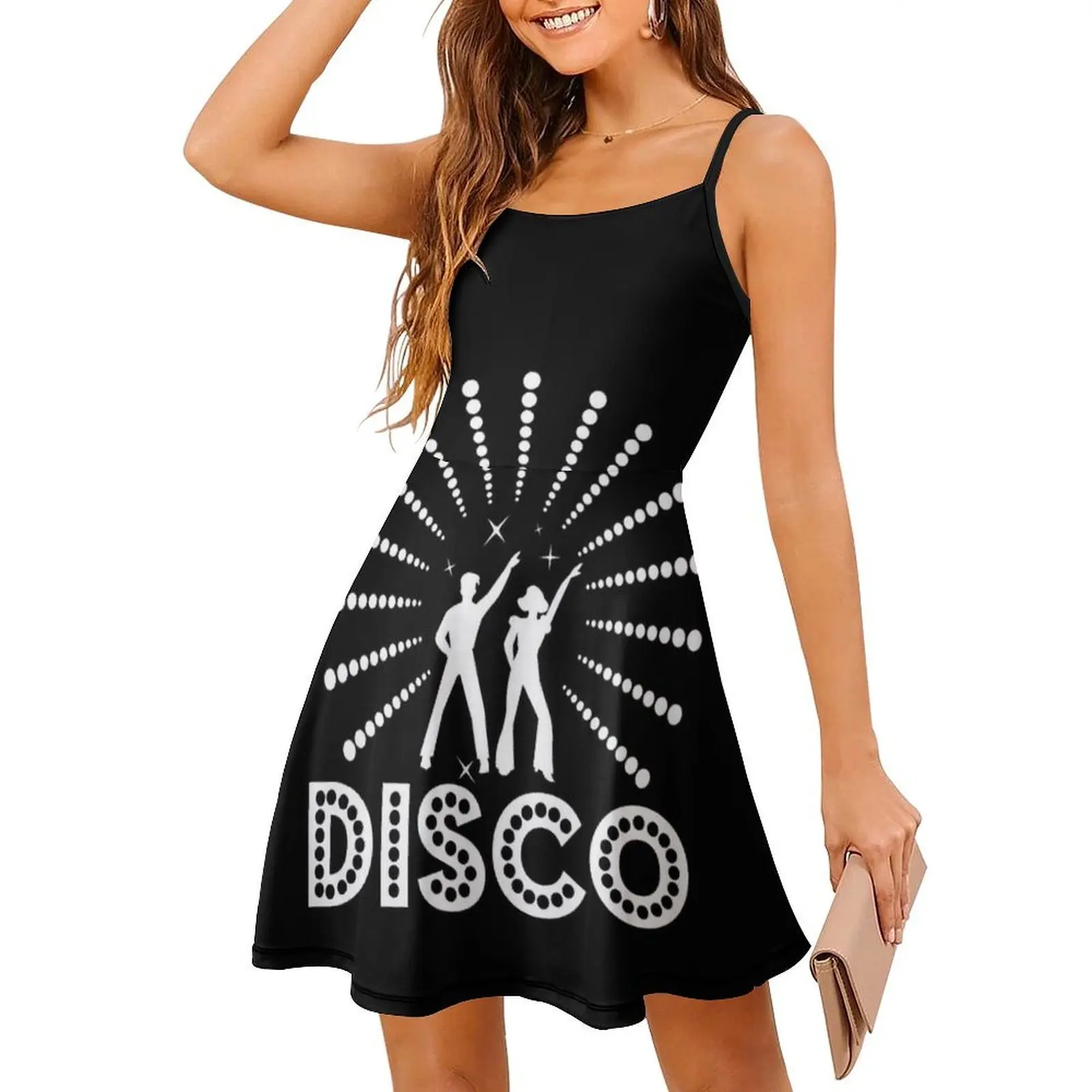 الأبيض والأسود 70S ديسكو حفلة ديسكو ديسكو موضة نمط Preppy فستان قصير للنساء ألف خط فضفاض صالح فستان يوم غير رسمي Disko #3