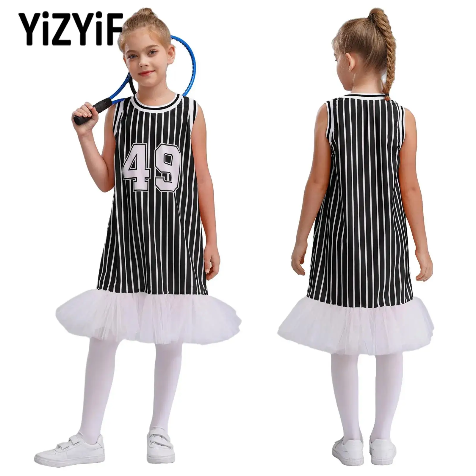 

Children's Tennis Sports Dresses Girls Breathable Training Sportswear Sleeveless Striped Tank Dresses Kids Cheerleading Uniform