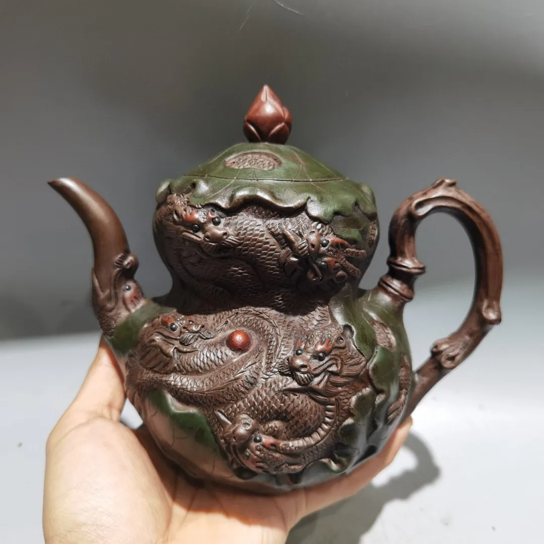 

8"Chinese Yixing Purple Clay Pot Nine Dragon Pattern Kettle Gourd shaped Teapot Flagon Amass wealth Ornaments Town house