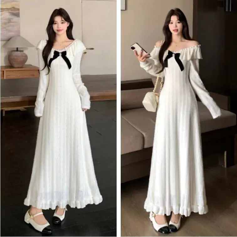 暖かさエレガントな女性の秋/冬フリース裏地付き厚みのあるスカートフレンチメイドスタイルレースドレススリムインナーロングドレスTS725