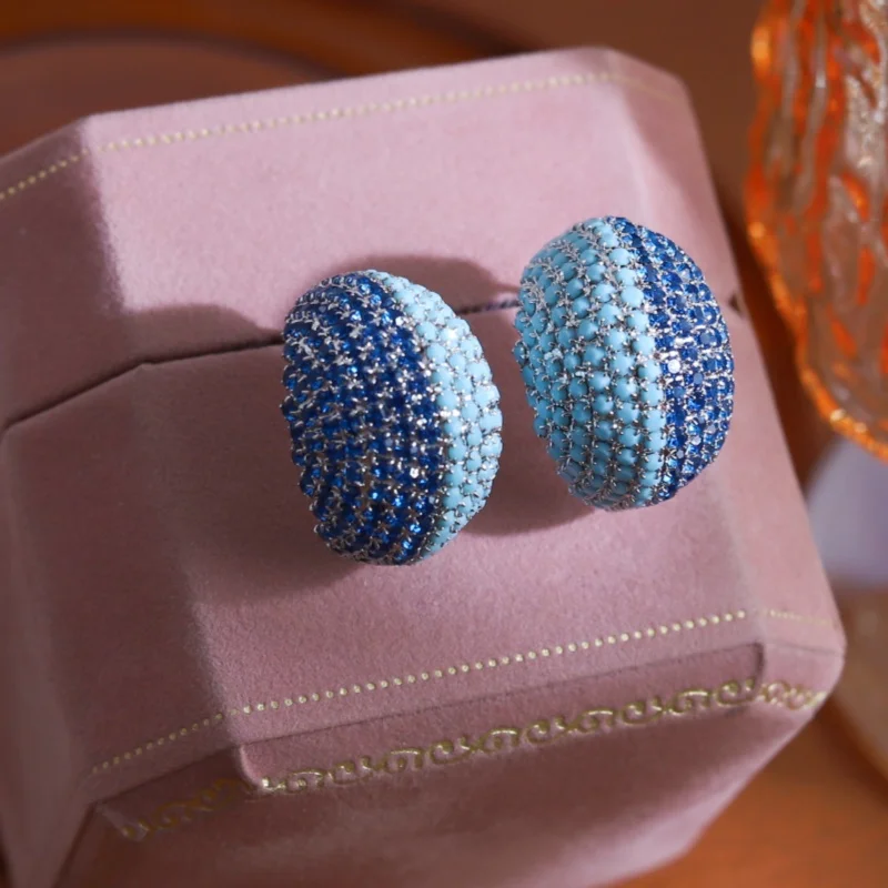 Korean new design fashion jewelry silver plated luxury color block blue zircon earrings elegant women's party accessories