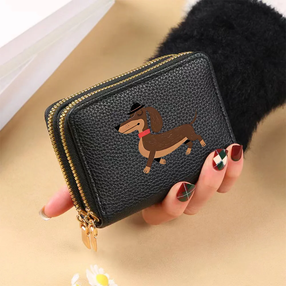 The Lady's Short Zippered Wallet Features a Dog-patterned Zipper Closure with Multiple Card Slots and Card Holders.