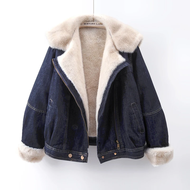 

Dark Blue Short Denim Jacket Winter Women Casual Loose Lapel Long Sleeve Thick Warm Faux Lambswool Fur Liner Cowboy Outerwear