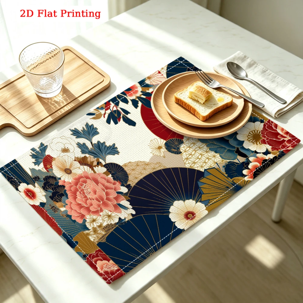 Japanese Floral Fan Pattern Print Kitchen Placemat Coaster Linen Pad Dish Coffee Cup Table Mat 30x40cm Home Decor