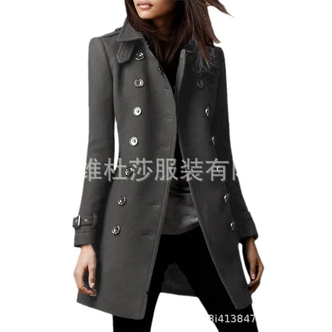 Patchwork Loose Fit Coat Midi Length Casual with Long Sleeve Stand Collar Double Breasted Commuter Style Women Autumn Coat