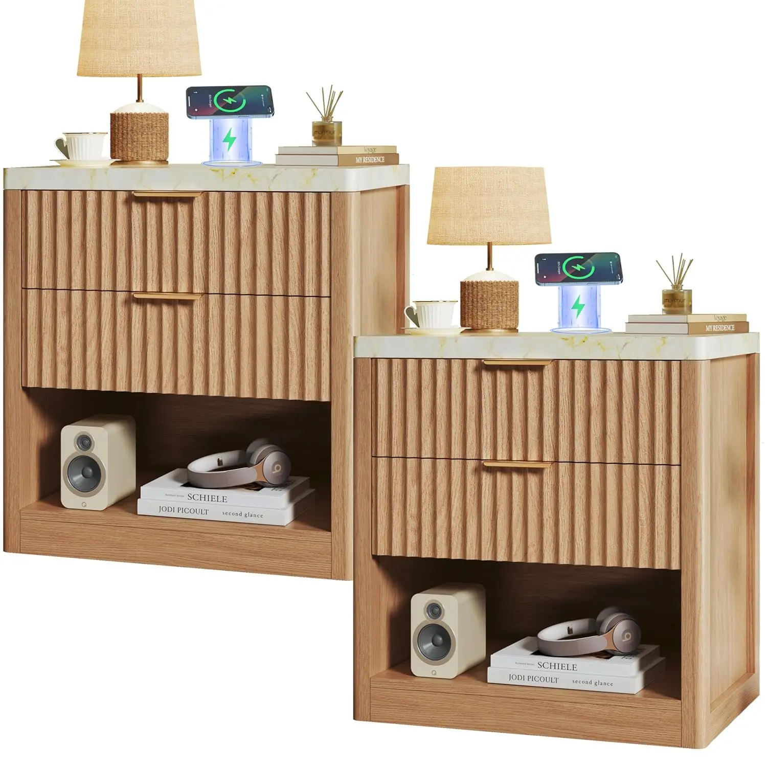 Fluted Nightstands Set of 2, 24'' Wooden Night Stand with Wireless Charging Station, Mid Century Modern Side Table, Customized