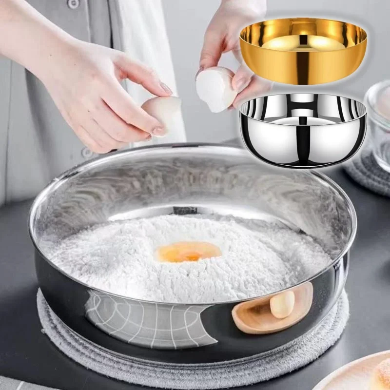 Goldene silberne Edelstahl-runde Küche zum Kochen und Backen, Knetschüssel, rostbeständig, zum Kneten von Teig, Servieren von Nudeln
