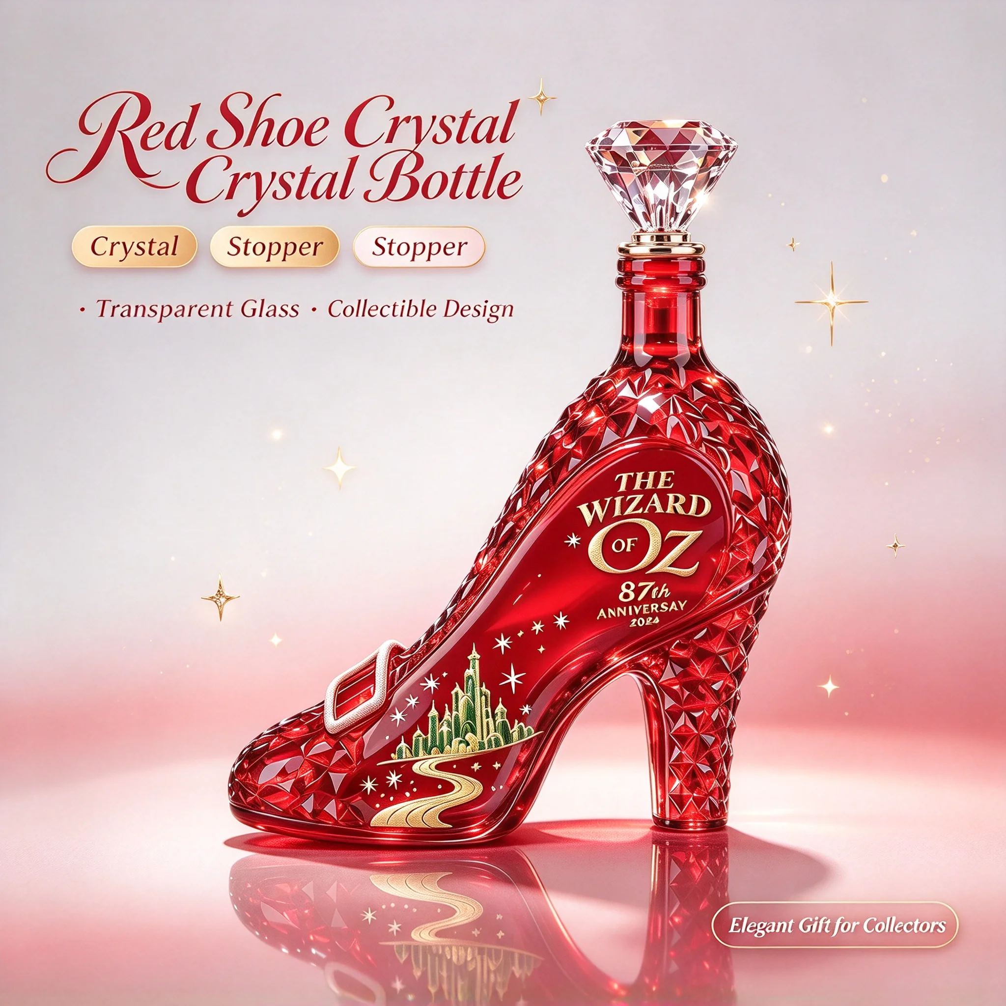 Red High Heel Shoe Shaped Glass Liquor Decanter With Diamond Cut Stopper Empty Whiskey Spirits Bottle Home Bar Tabletop Display