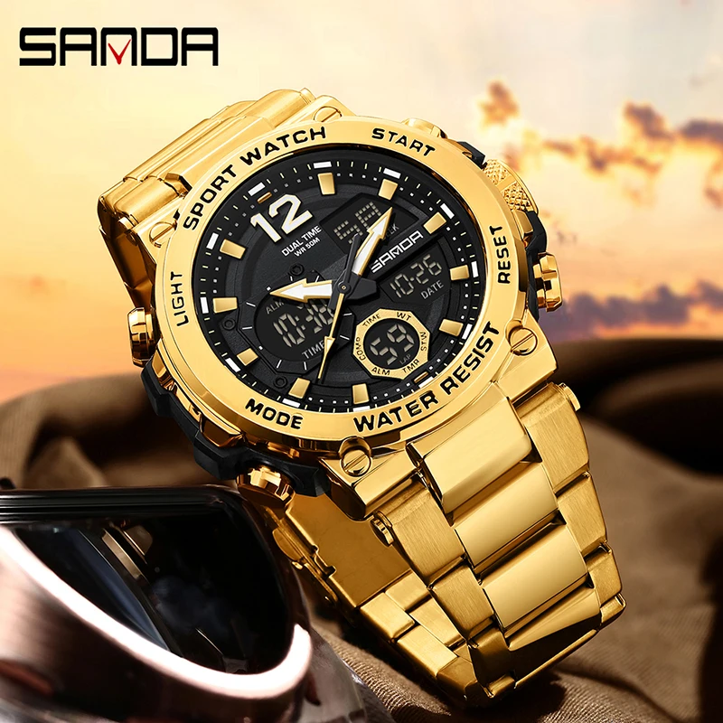 SANDA Original Business Watches for Men Luminous Waterproof Alarm Clock LED Analog Digital Stainless Steel Sport Wristwatch Male