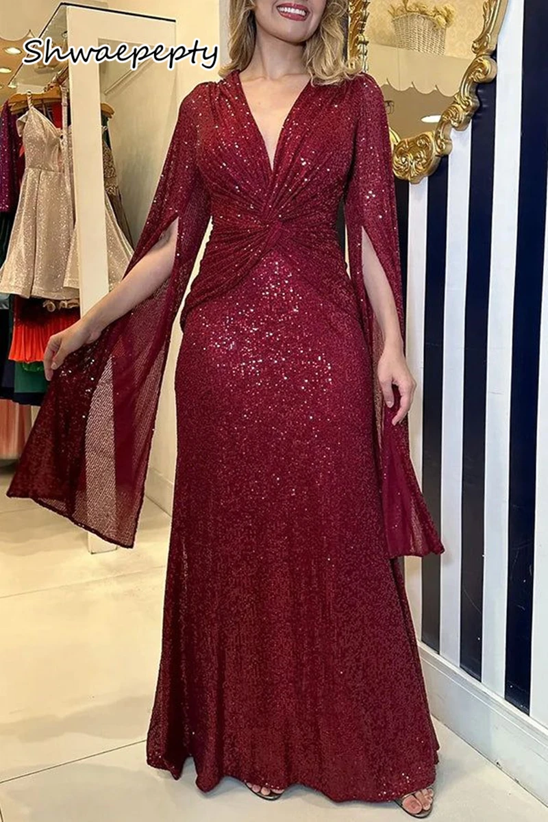 Robes longues à paillettes bordeaux pour la mère de la mariée, col en V froncé, manches coiffées, pleine longueur, robe d'invité de mariage personnalisée