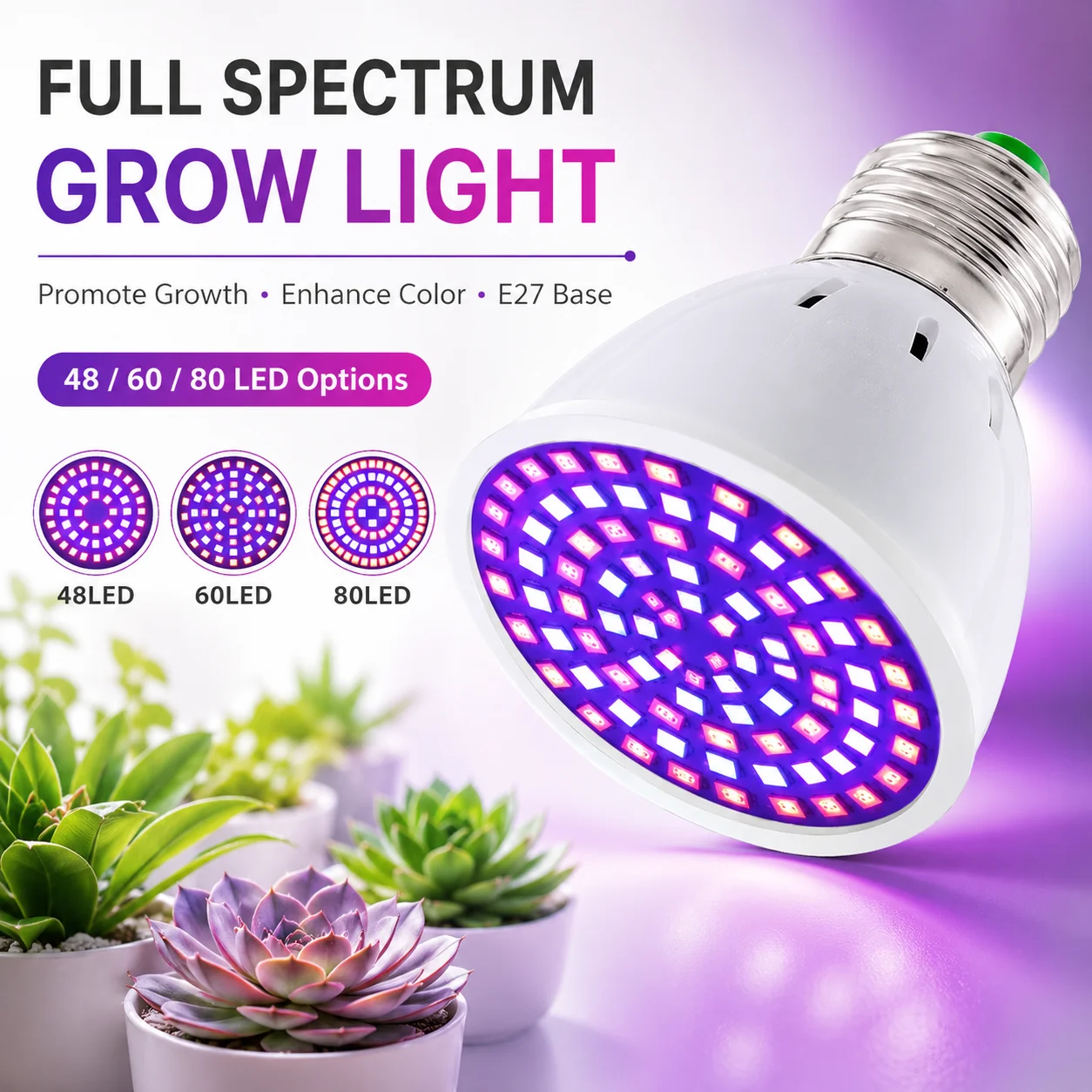 LED Grow Light Bulb E27 220V Full Spectrum 60/80LED Plant Lamp for Indoor Garden Seedling Greenhouse Hydroponics Grow Tent