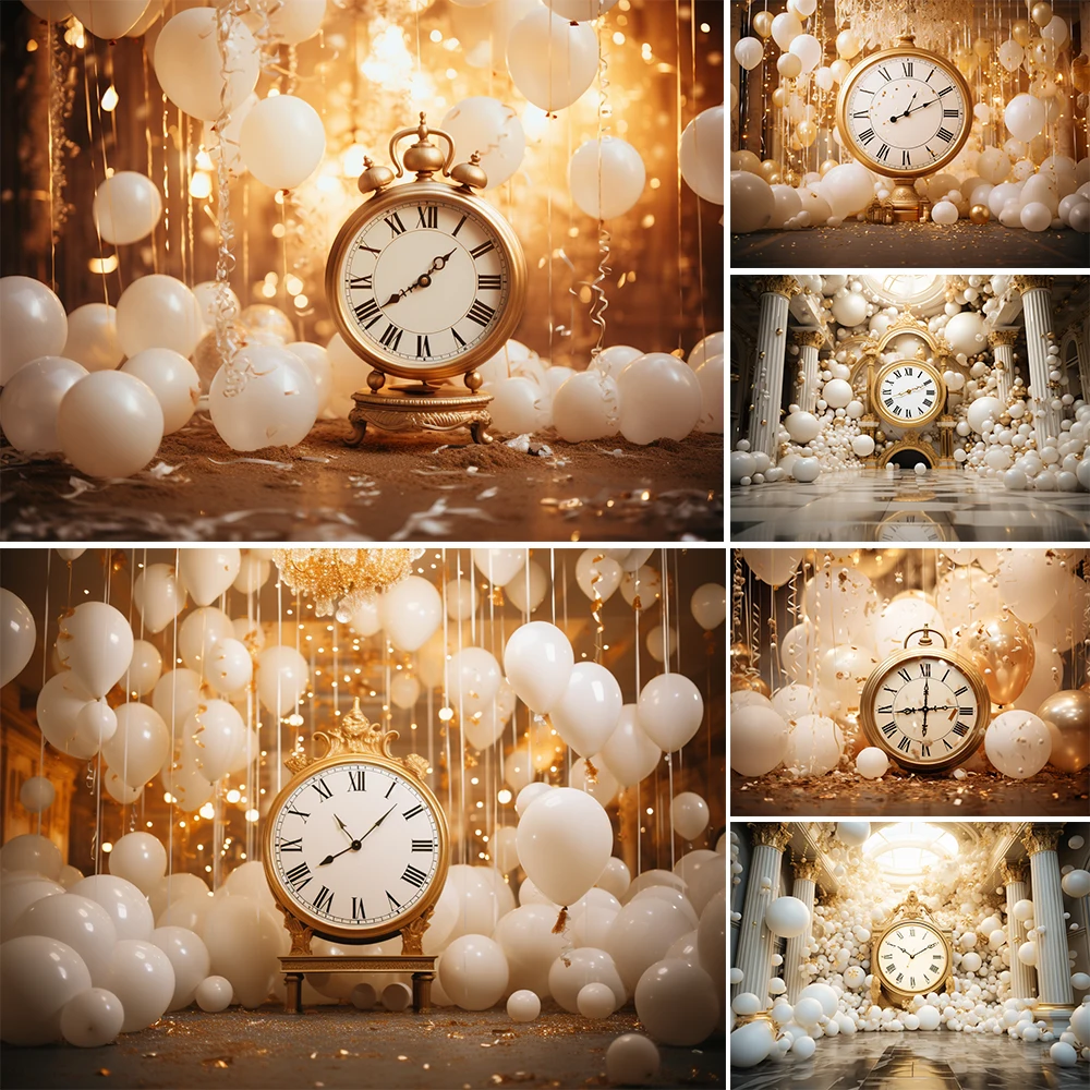 

New Year Clock Welcome 2024 Photography Background Gifts Glitter Balloon Kids Family Portrait Decor Backdrop Photo Studio