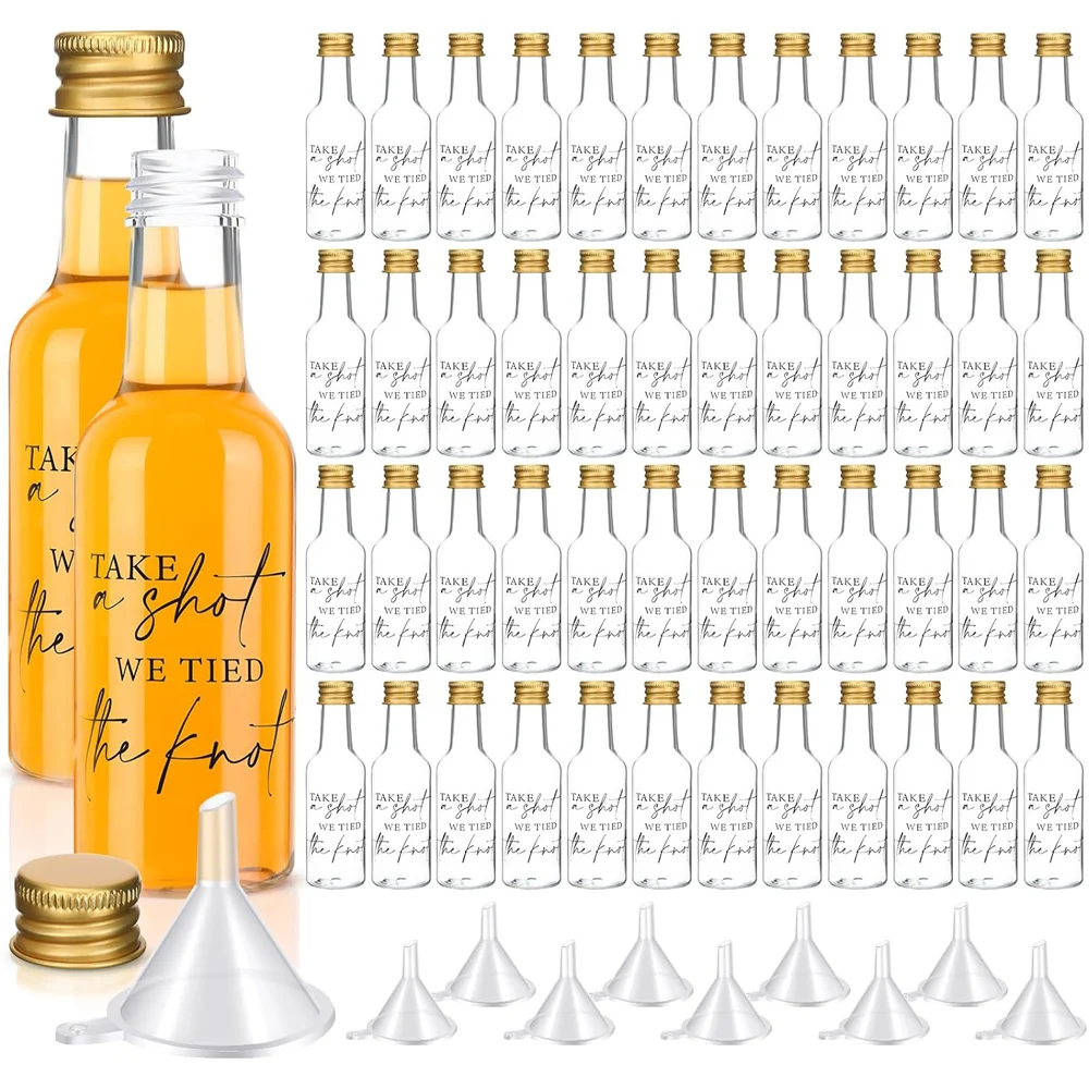 Mini botellas de licor de plástico de 50ml, juego de botellas de Alcohol con tapas, atado con el nudo, para boda