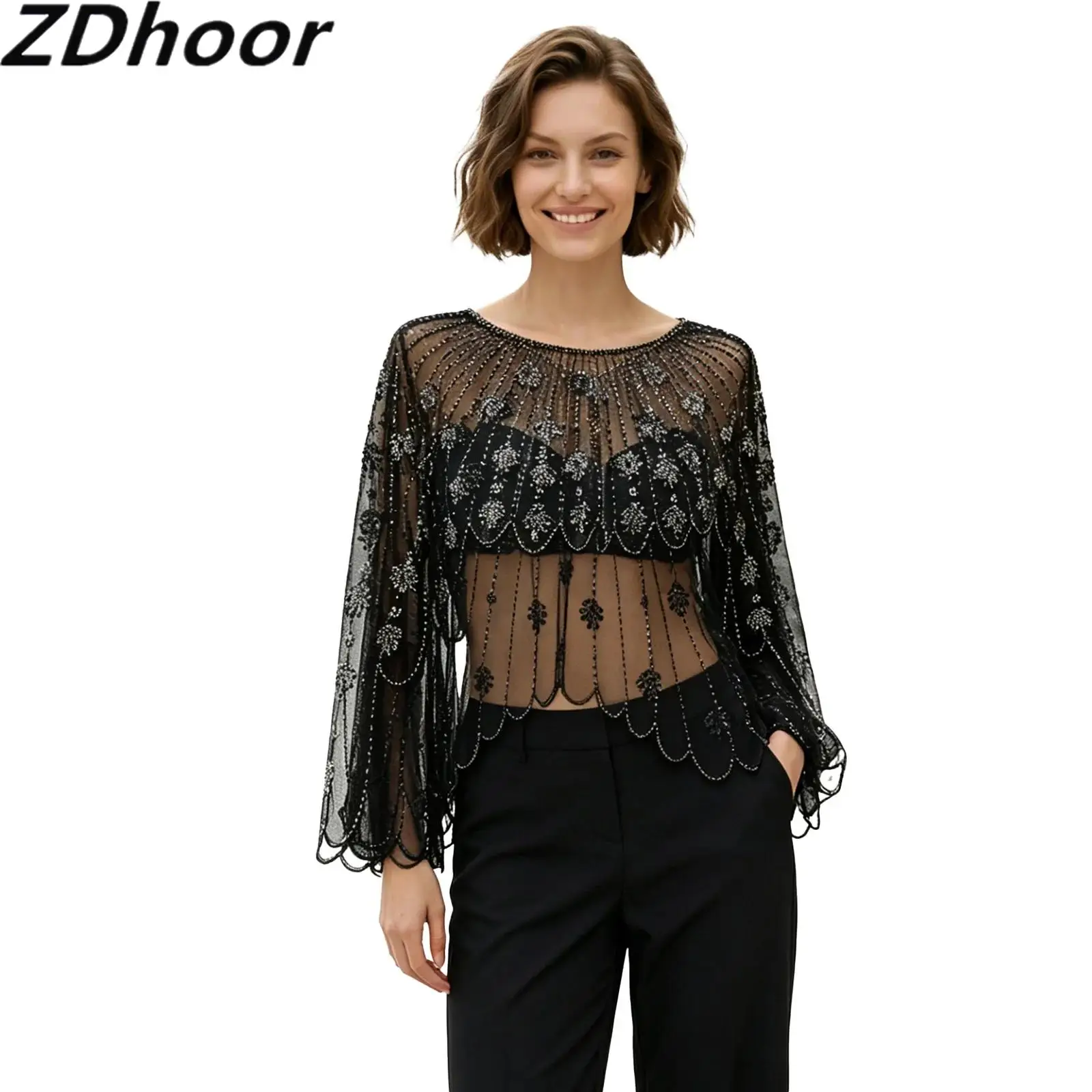 

Women Flapper Sheer Shawls Bolero Retro Pattern with Plastic Beads Flared Long Sleeve High-low Hem Waved Trims Cardigan Cover Up