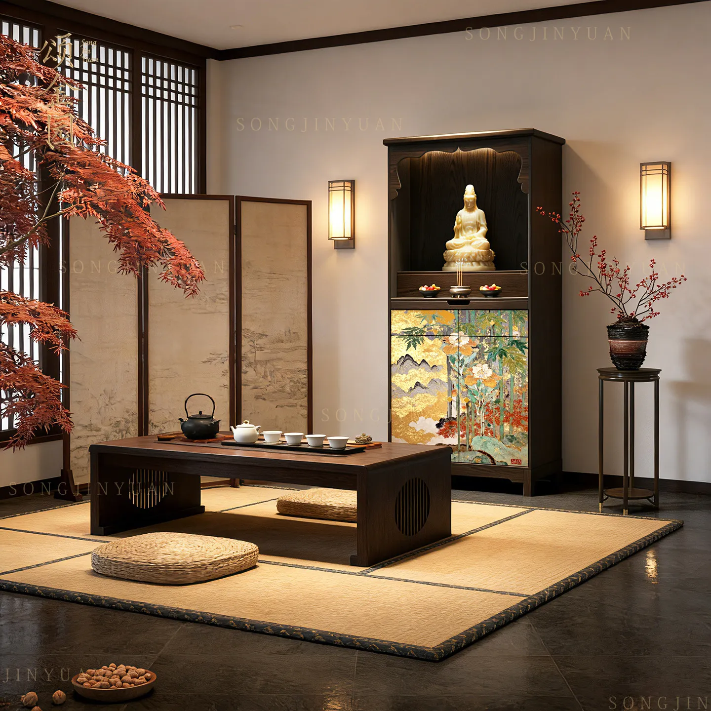 LX household solid wood new Chinese-style Buddhist niche cabinet, auspicious and safe offering vertical cabinet