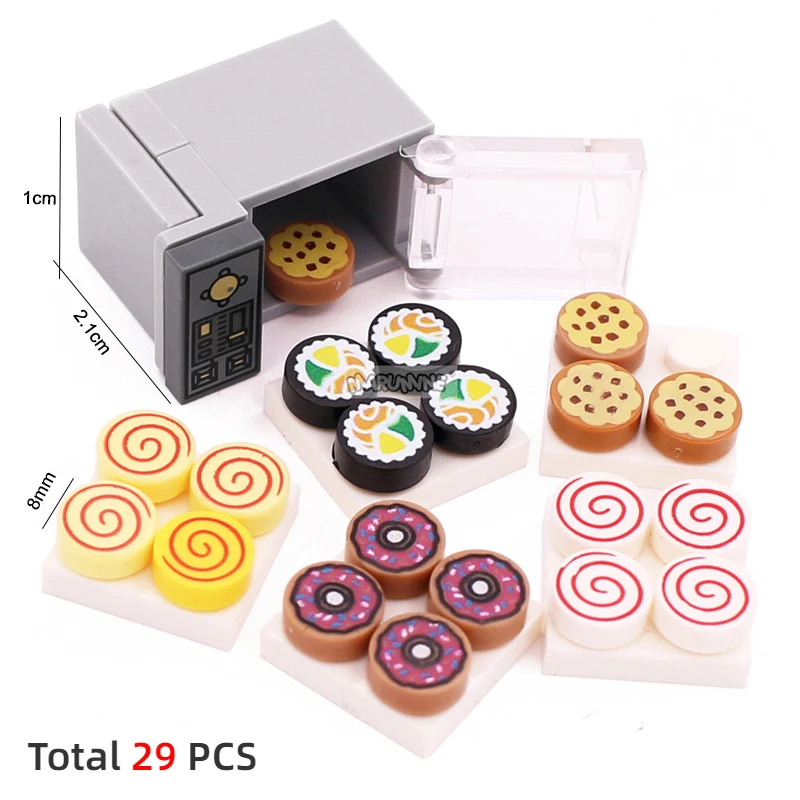 Marumine Mini Food Bricks Oven Furniture Blocks Model Snacks Pizza Fries Burgers Chocolate Dessert Cookies MOC Accessories Toys