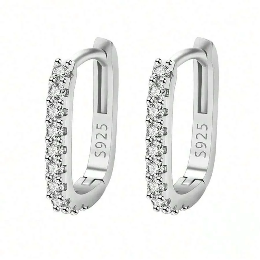 1 Pair of Pure Silver New Fashion Hot-Selling Securely Set White Zircon U-Shaped Earrings/Ear Accessories with Synthetic Zirconia Stones. Cute, Elegant, Precise, Low-Allergenic. Perfect Gift for Women. Perfect for Weddings, Parties, Jewelry, Birthdays, Ch