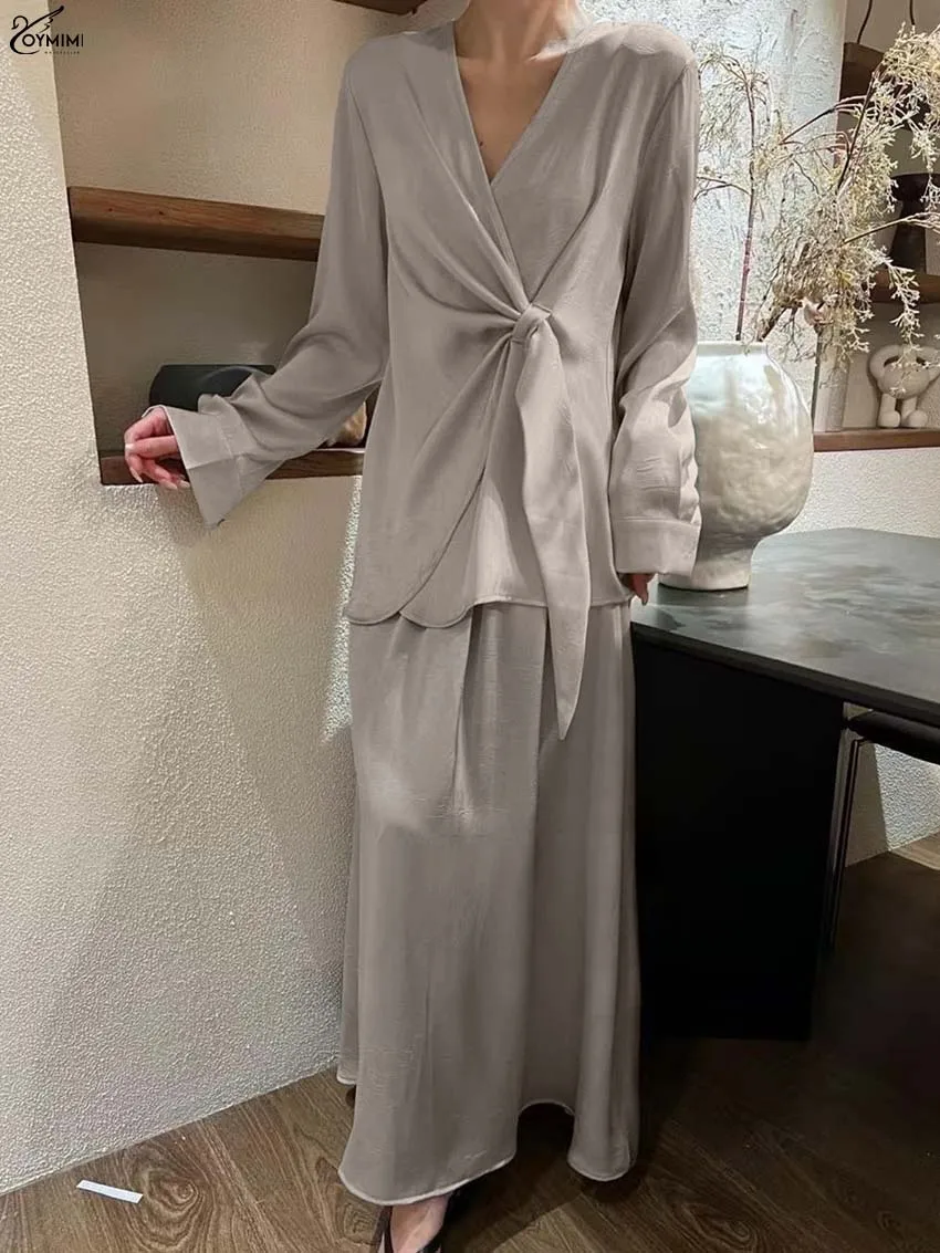 

Oymimi Fashion Grey Satin 2 Pieces Set For Woman Autumn V-Neck Long Sleeve Lace-Up Shirts And Simple Straight Skirts Female Sets