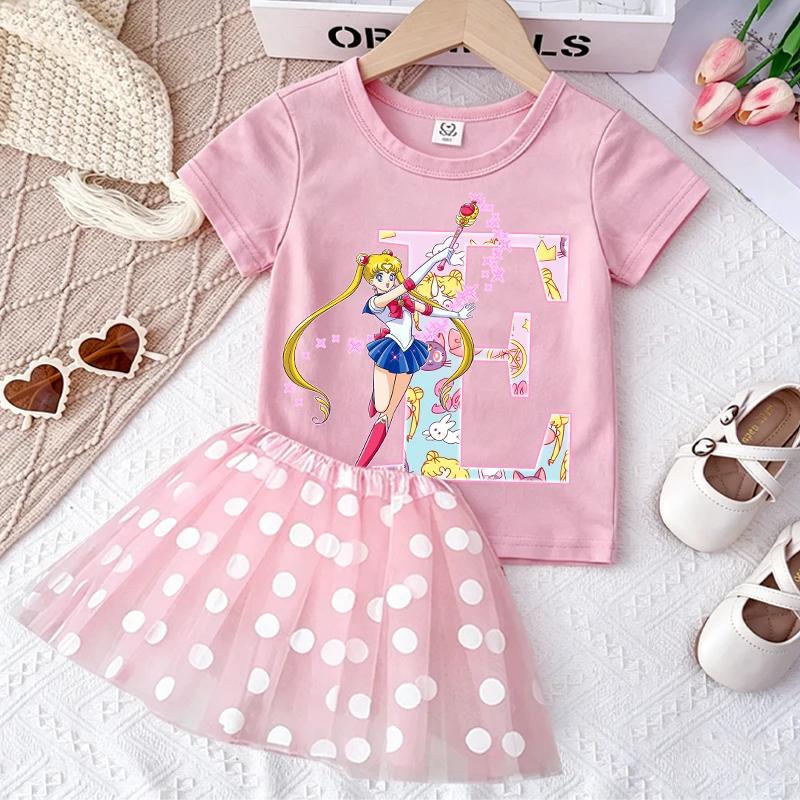Sailor Moons T-shirt Skirt Set Girls Cute Letter A-Z Tees Yarn Skirts Summer Kids Clothes Tops Kilt Short Sleeves Children Gift