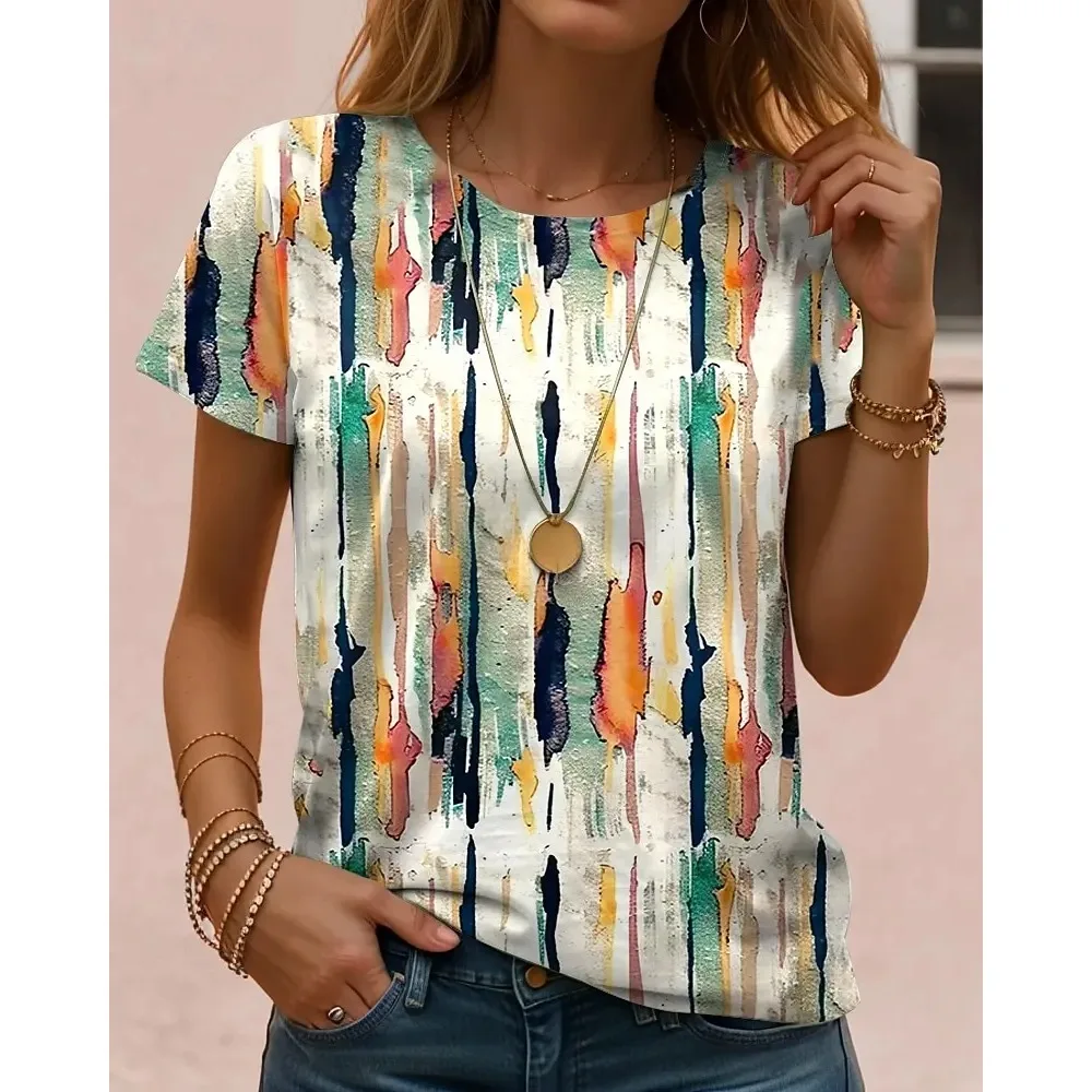 

Geometric Striped Vintage T-Shirts 3D Print Women's T Shirt Short Sleeve O-Neck Harajuku Tops Y2k Casual Tees Female Clothing