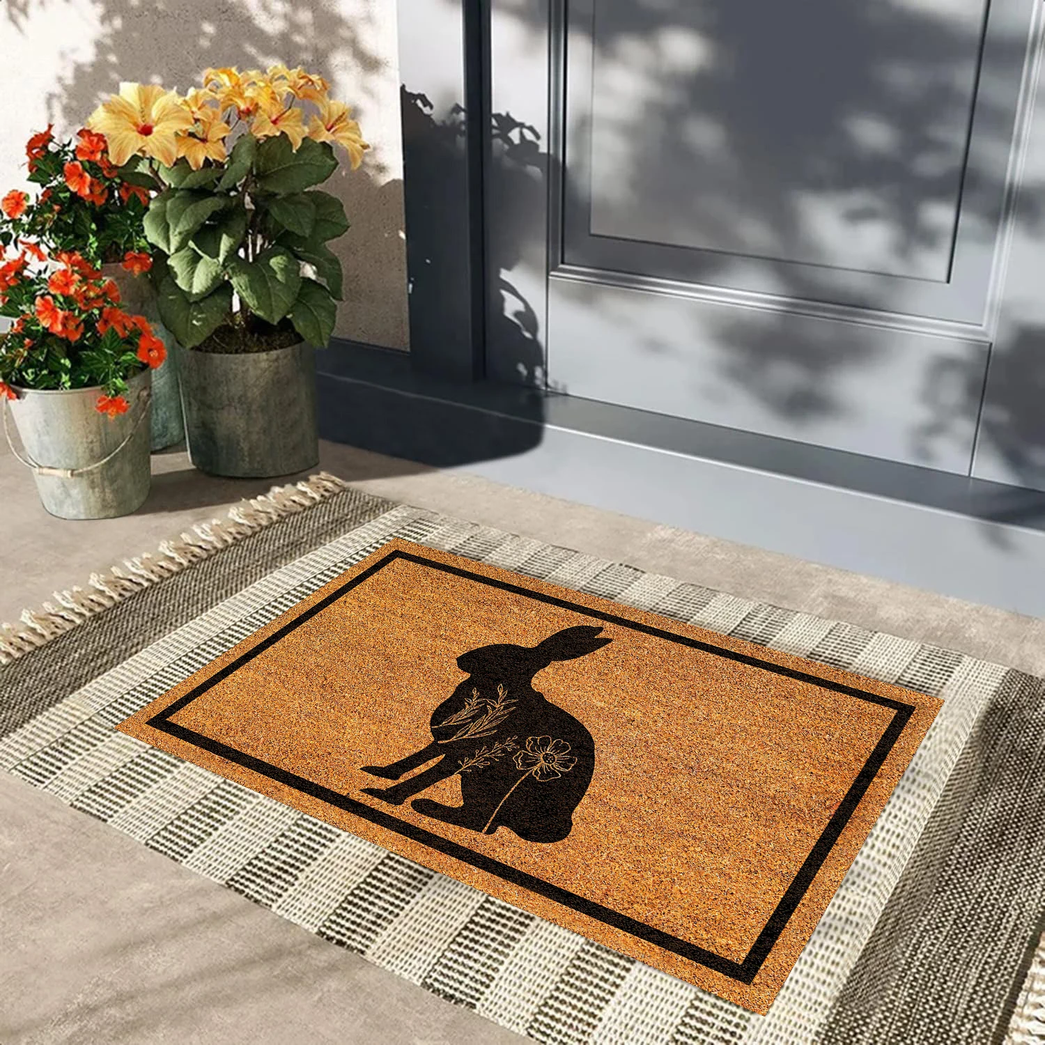 BUNNY OF LIFE  Rabbit Doormat with Flowers ,Happy Easter Animal Rubbber Non Slip Welcome Door Mat Funny Entryway Rug