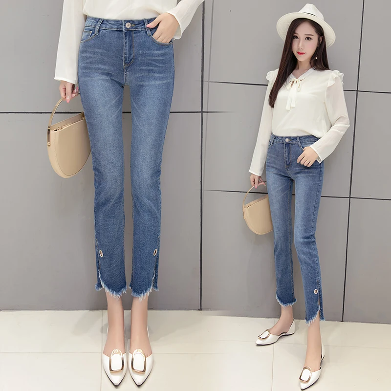 High‑Waisted Split Hem Butt‑Lifting Jeans for Women, Korean‑Style Stretchy Slim‑Fit Narrow Bootcut Pants