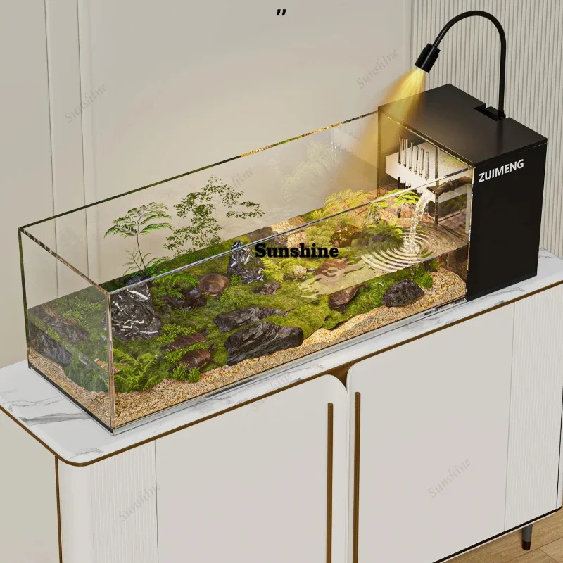‌Turtle Aquarium Tank - Fish & Turtle Hybrid Habitat with Stream Landscape, Luxury Villa Ecosystem for Home/OfficeY