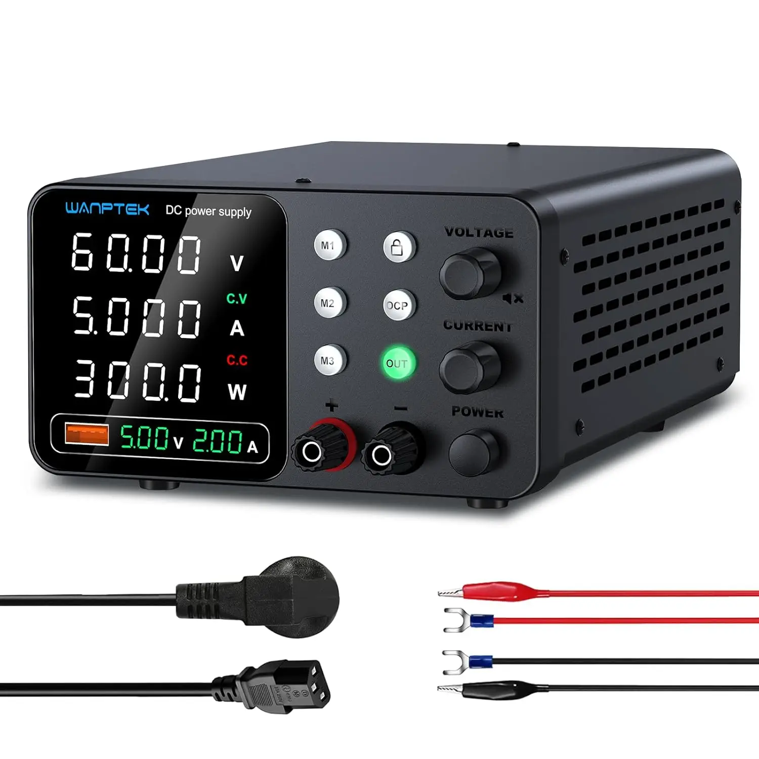 Alimentatore CC regolabile da 60 V 5 A con memoria, OCP, ricarica USB e display a 4 cifre