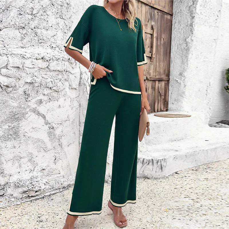 Autumn Solid Color Knitted 2pcs set women casual Short Sleeve Pullover top and Wide Leg Pants tracksuit set Lady fashion outfits