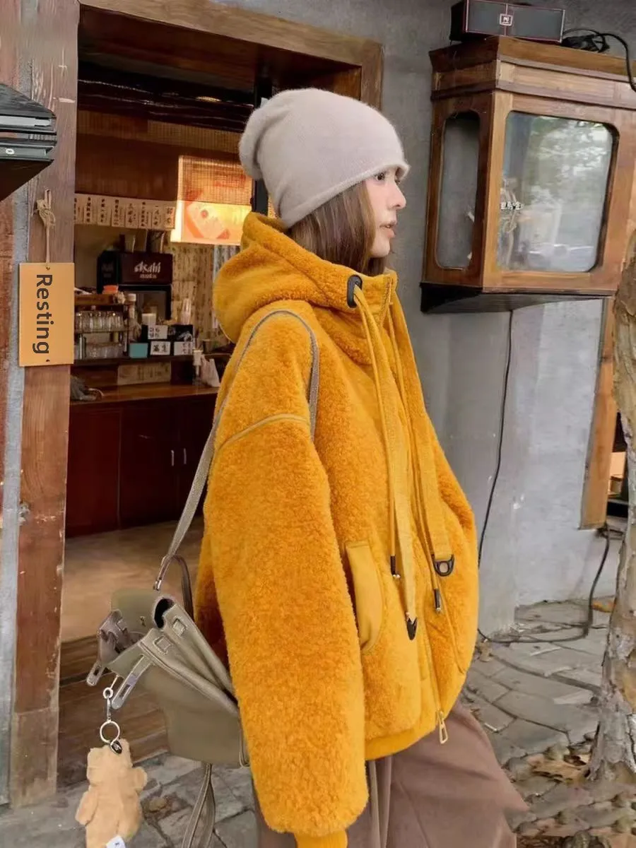 

Korean Style Loose Thickened Lamb Fur Hooded Jacket High Quality Winter Coat Warm Commute Style Ladies Outerwear Coat