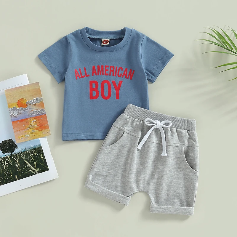 

Toddler Boys 2-Piece Outfit Short Sleeve Graphic Tee with Elastic Waist Shorts Set for Summer Playtime